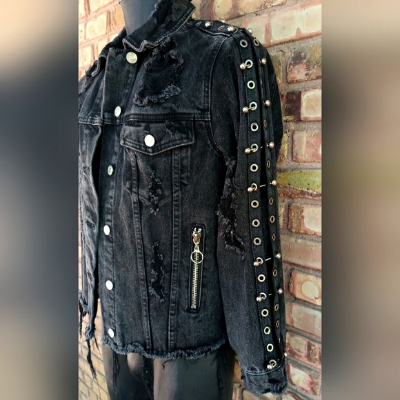 Signature8 Jackets & Blazers - Signature8 Distressed Black Denim Jacket Silver Barbell Posts Jean 41" Chest